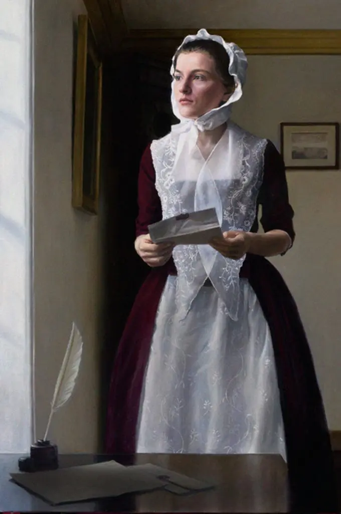 Abigail Adams wearing white bonnet and white and red dress, holding a folded piece of paper and looking out a window