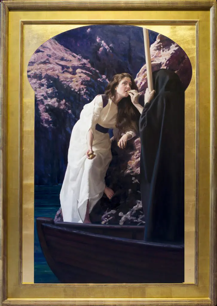 Brunette woman in white robe standing on the side of a rock, with a person in a black robe feeding her from a boat floating by