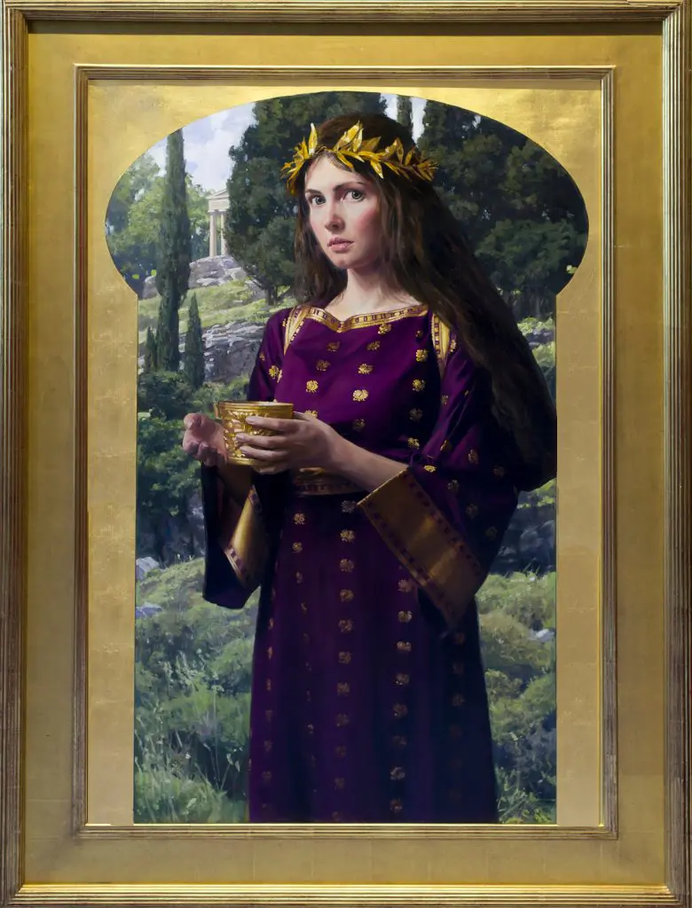 Brunette woman standing in front of a green landscape wearing a gold leaf crown and purple robe with gold embellishments, holding a gold cup