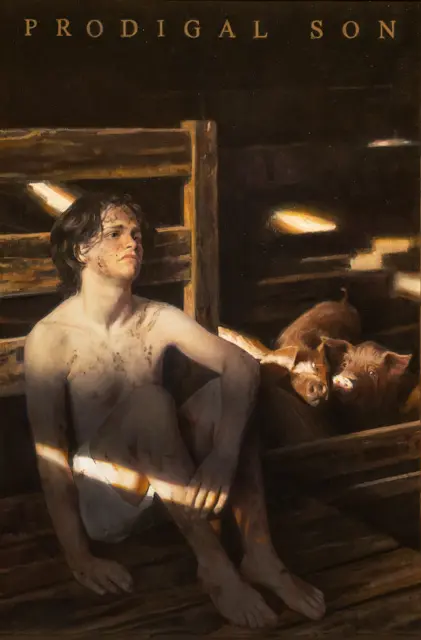 Boy sitting in barn next to pigs