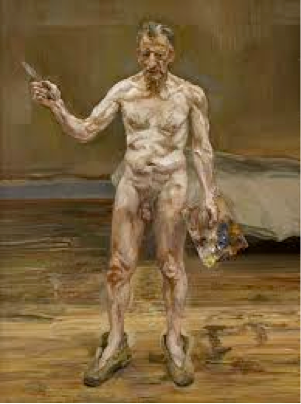 Nude man wearing boots, holding a tool in one hand and a paint pallet in the other