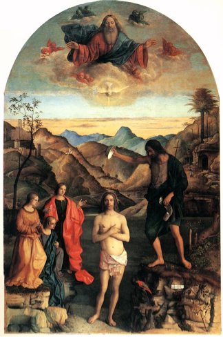 Symbolist painting depicting God in heaven looking down on Jesus