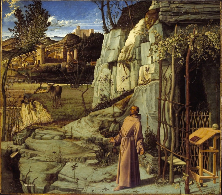 Naturalist artwork depicting man wearing robes outside on a rocky landscape, in front of a town in the distance