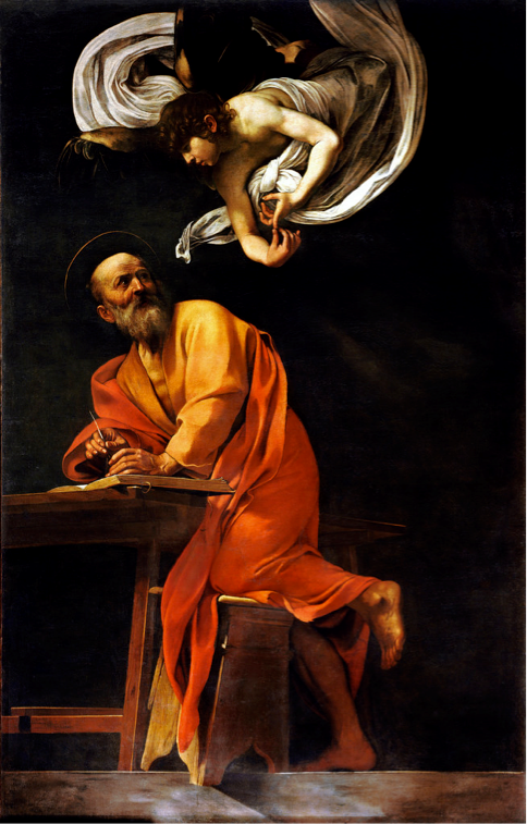 Man in dark room wearing orange robes being visited by a flying angel coming from above 