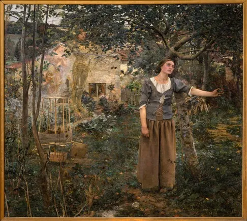 Woman standing outside in a garden with semi-transparent company of angels in the background