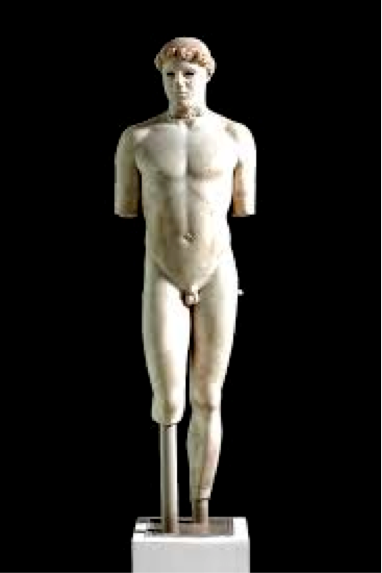 White Greek statue of a nude man with partial arms and leg missing