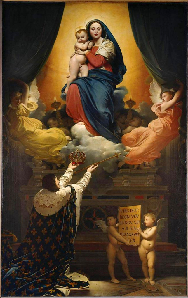 Woman holding a baby, surrounded by angels with a king holding his crown up to her