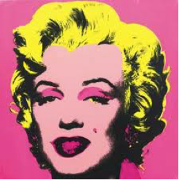 Headshot of Marilyn Monroe with pink skin and background and yellow hair