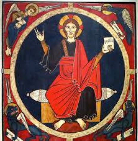 Middle Ages European painting of a man wearing a bright red robe with angels and other winged animals surrounding him