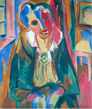 Colorful painting of elderly woman sitting in her house