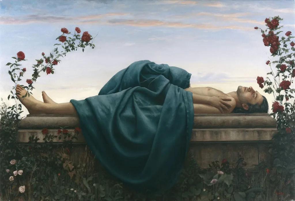 Man laying on a coffin outside surrounded by roses, with a figure in a blue robe holding onto him