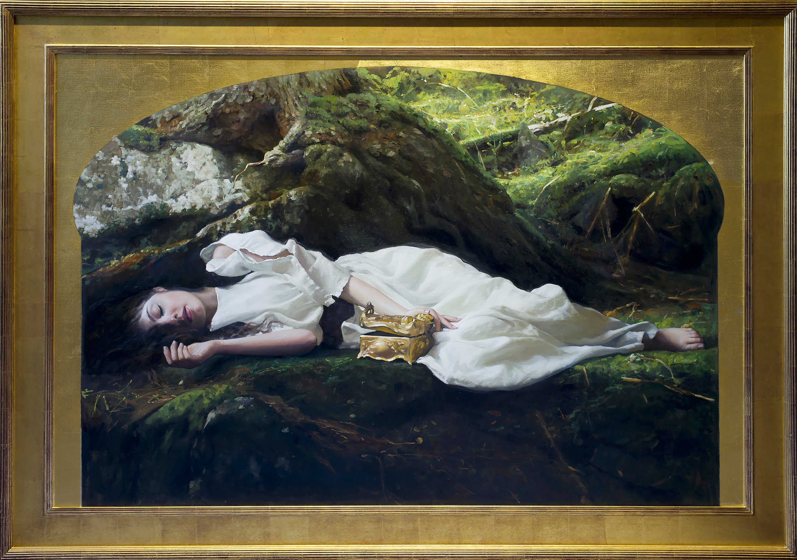 Brunette woman in white robe, laying with eyes closed on a mossy ground