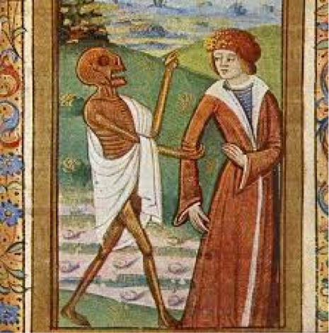 European Middle Ages painting of a skeleton talking to a woman in gold robes