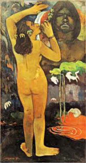 Nude woman with her back facing forward, standing against a wall that has a man painted on it