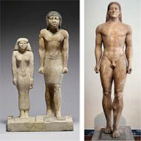 Two Egyptian statues side by side with an early Greek statue of a man