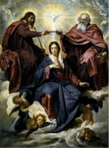 Woman in heaven surrounded by angels, with two angels putting a crown on her head