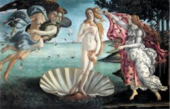 Greco-Roman painting of Venus standing in a sea shell, surounded by angels