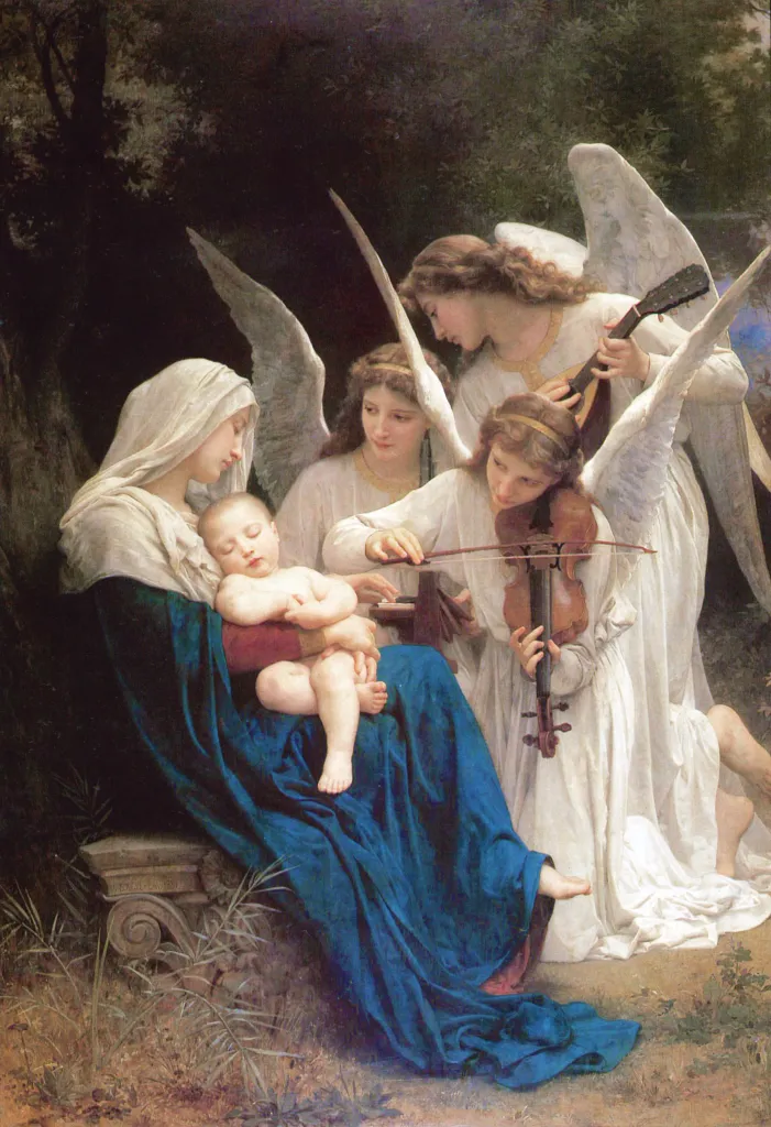 Woman wearing blue robes holding a baby, with three young women wearing all white and wings playing violin for the baby